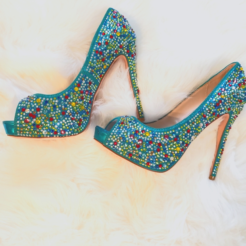 Teal Bedazzled Lauren Lorraine Peeptoe Heel.